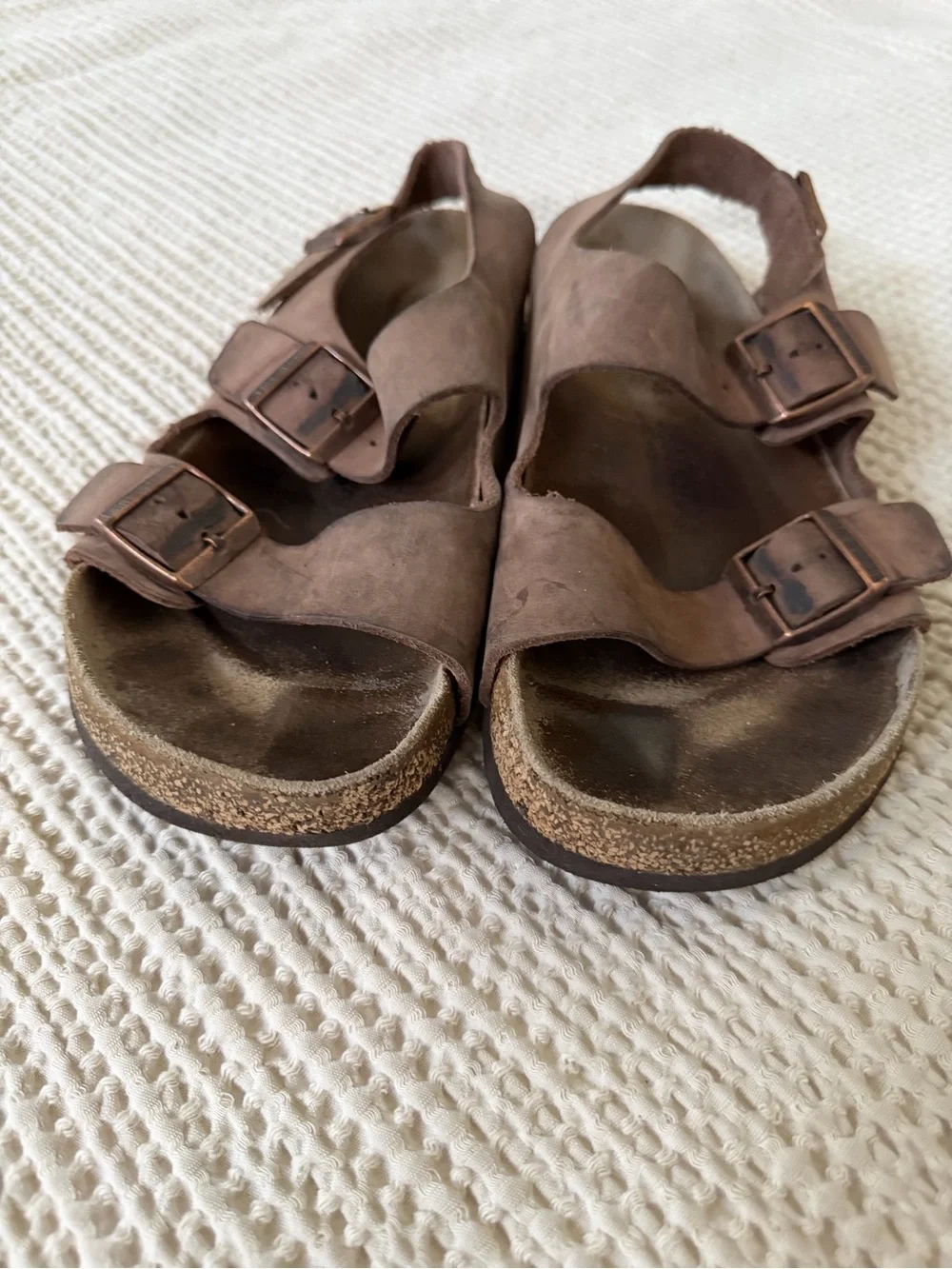 Birkenstock Brown Leather Two-Strap Sandals with Buckles